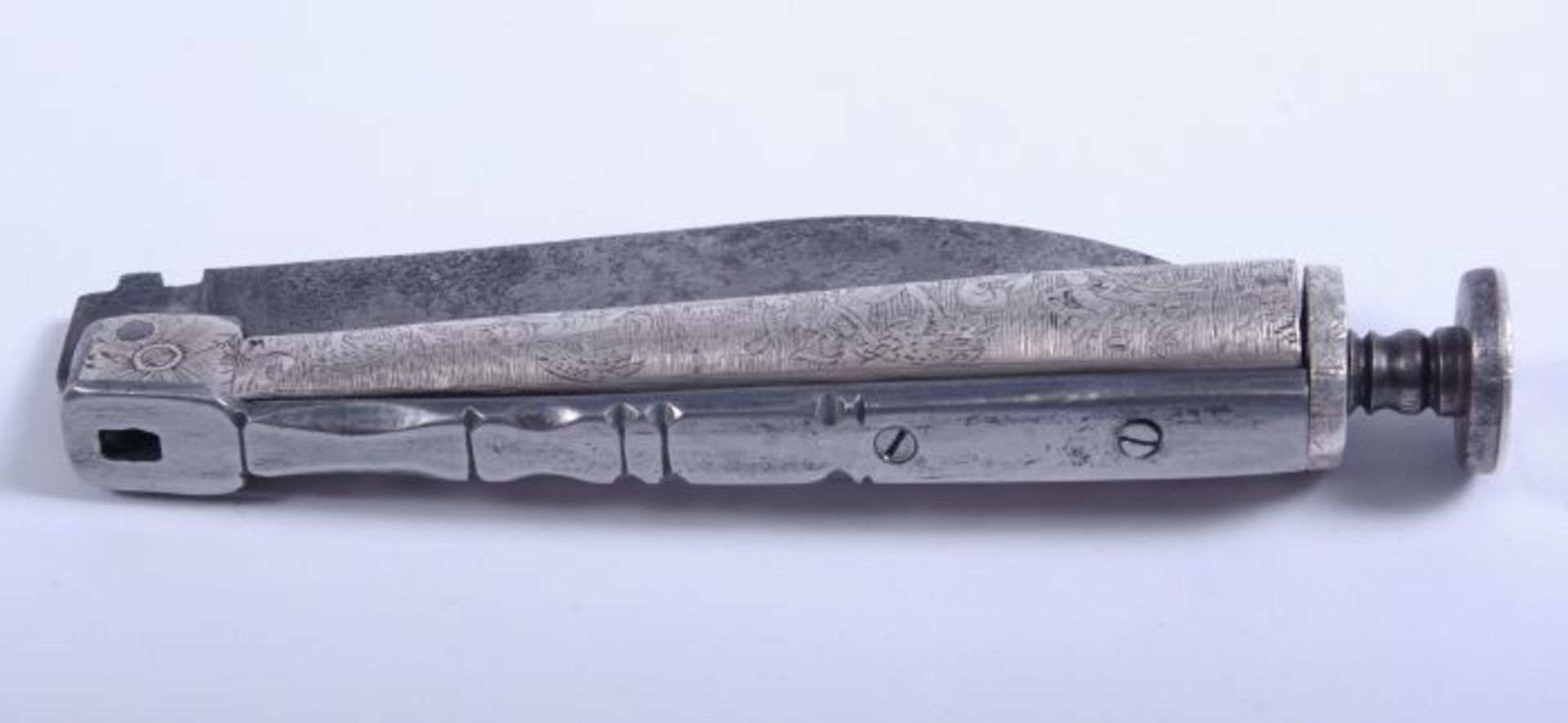 Barock-Jagdmesser mit Petschaftwohl deutsch, Anfang 18.Jh., 1-schneidige, scharnierte Damast- - Bild 3 aus 4