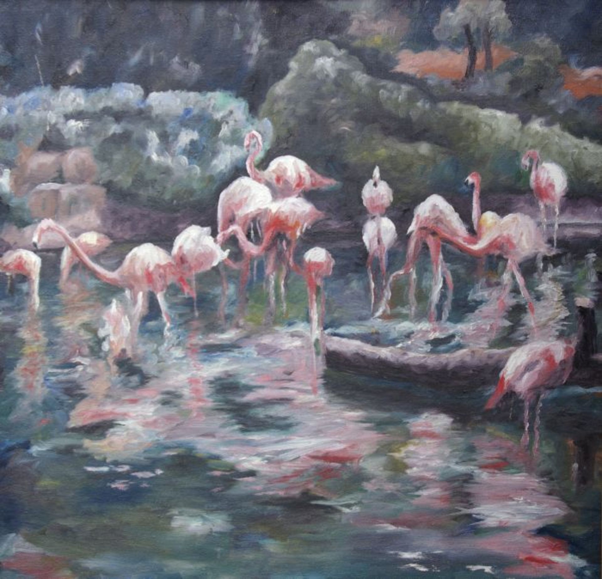 Poldi Klein (dt. Jazzmusiker und Maler)gen. Kleiber, "Rastende Flamingos am Gewässer", Öl auf