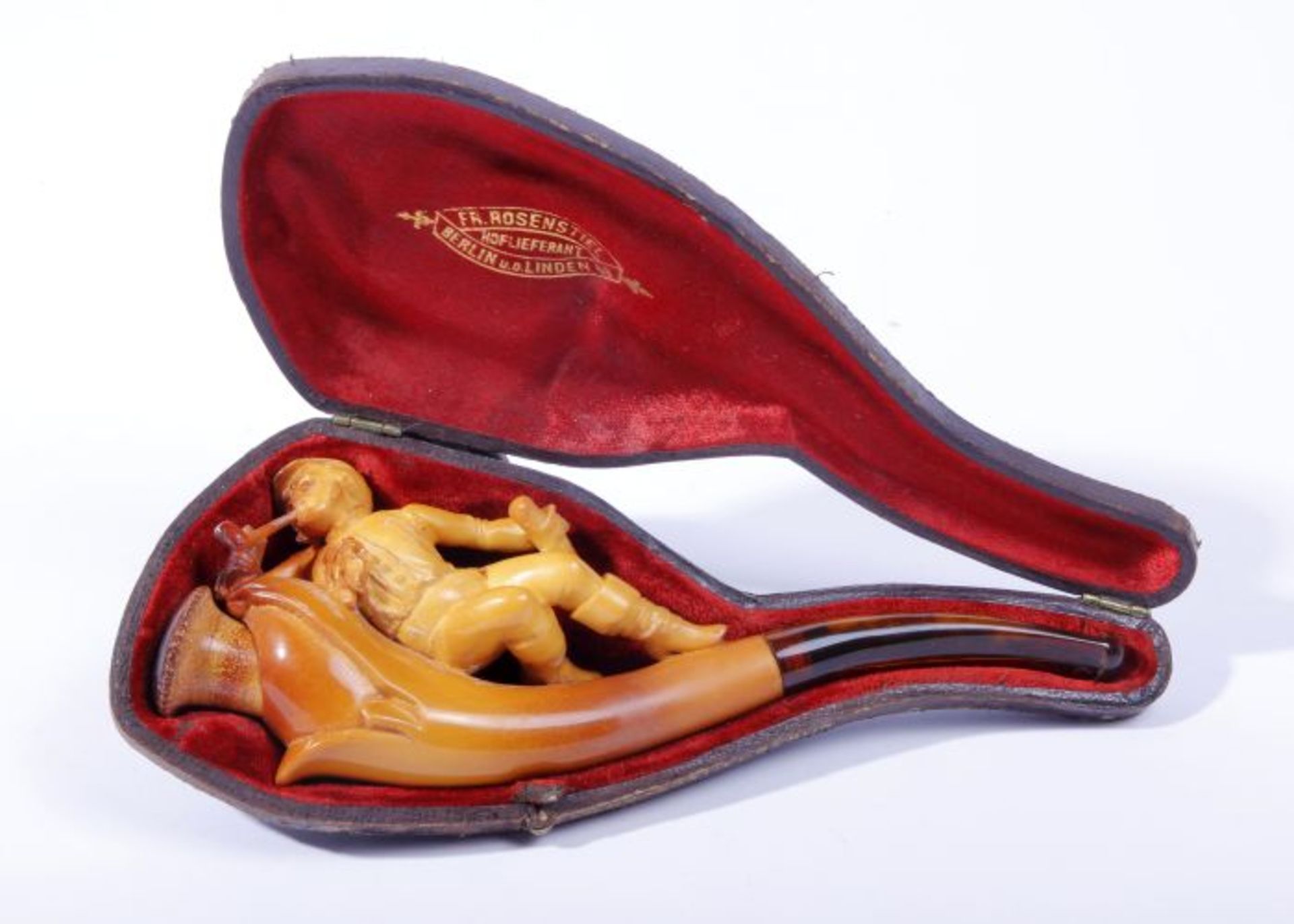 Meerschaumpfeife in Schatulledeutsch, um 1900/20, Kopf m. plastischer Jockey-Figur, scharnierte