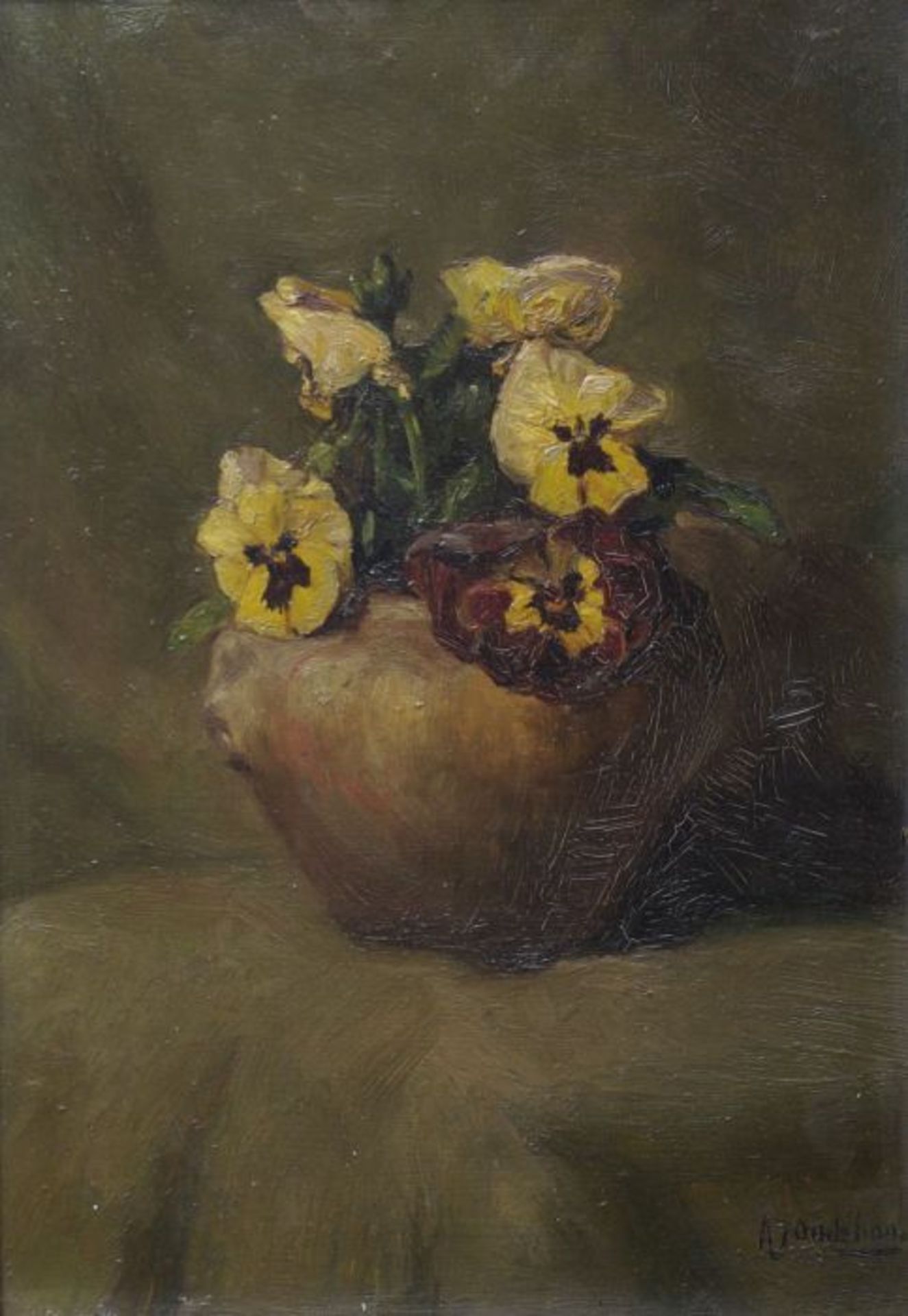 Albert Jan Oudshoorn (1877 in Den Helder - 1930 in Amsterdam)Stilleben mit gelben Stiefmütterchen,