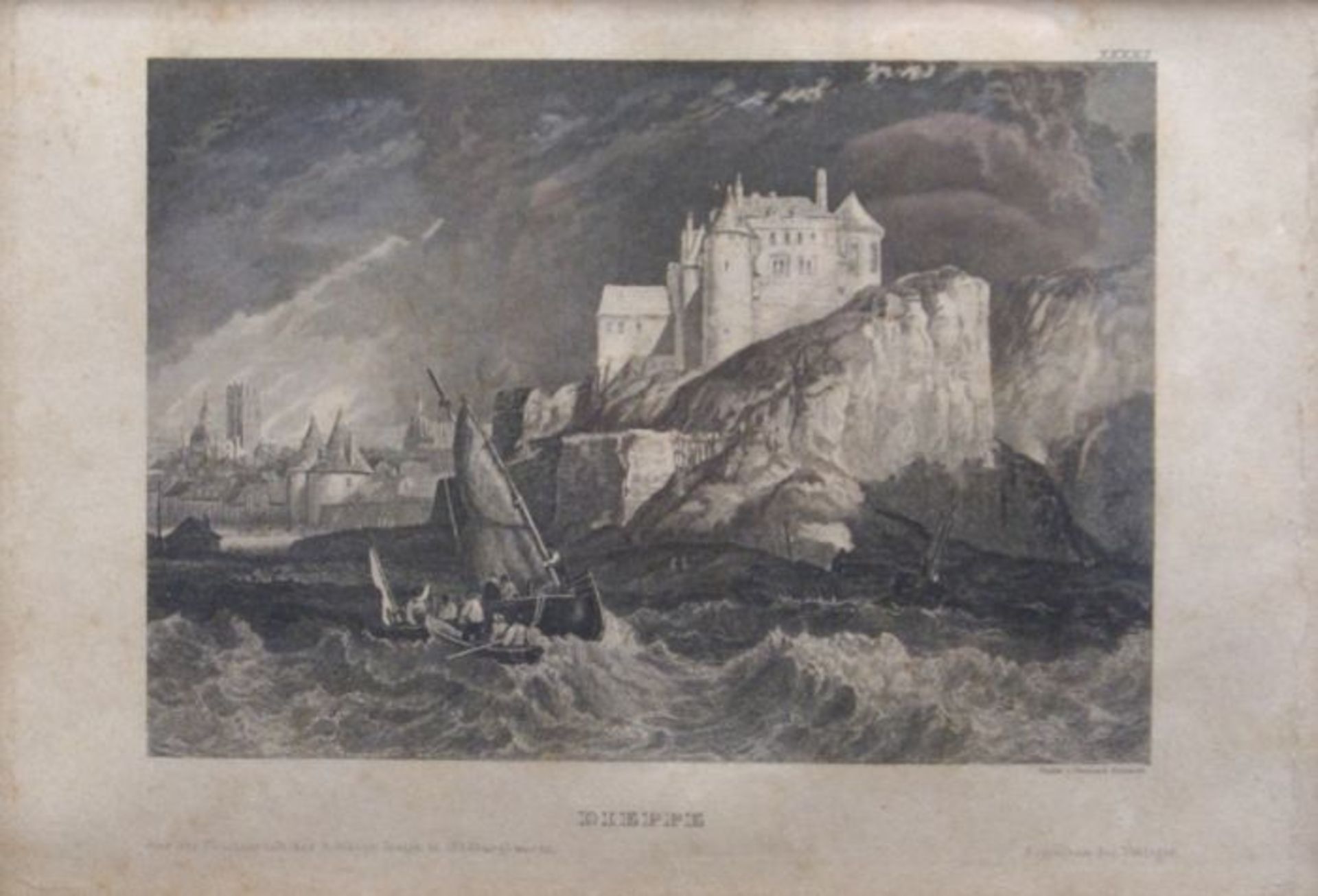 Bernhard Metzeroth (1813 – 1848)Dieppe (Blick vom Meer aus auf die Stadt), Stahlstich, um 1840,