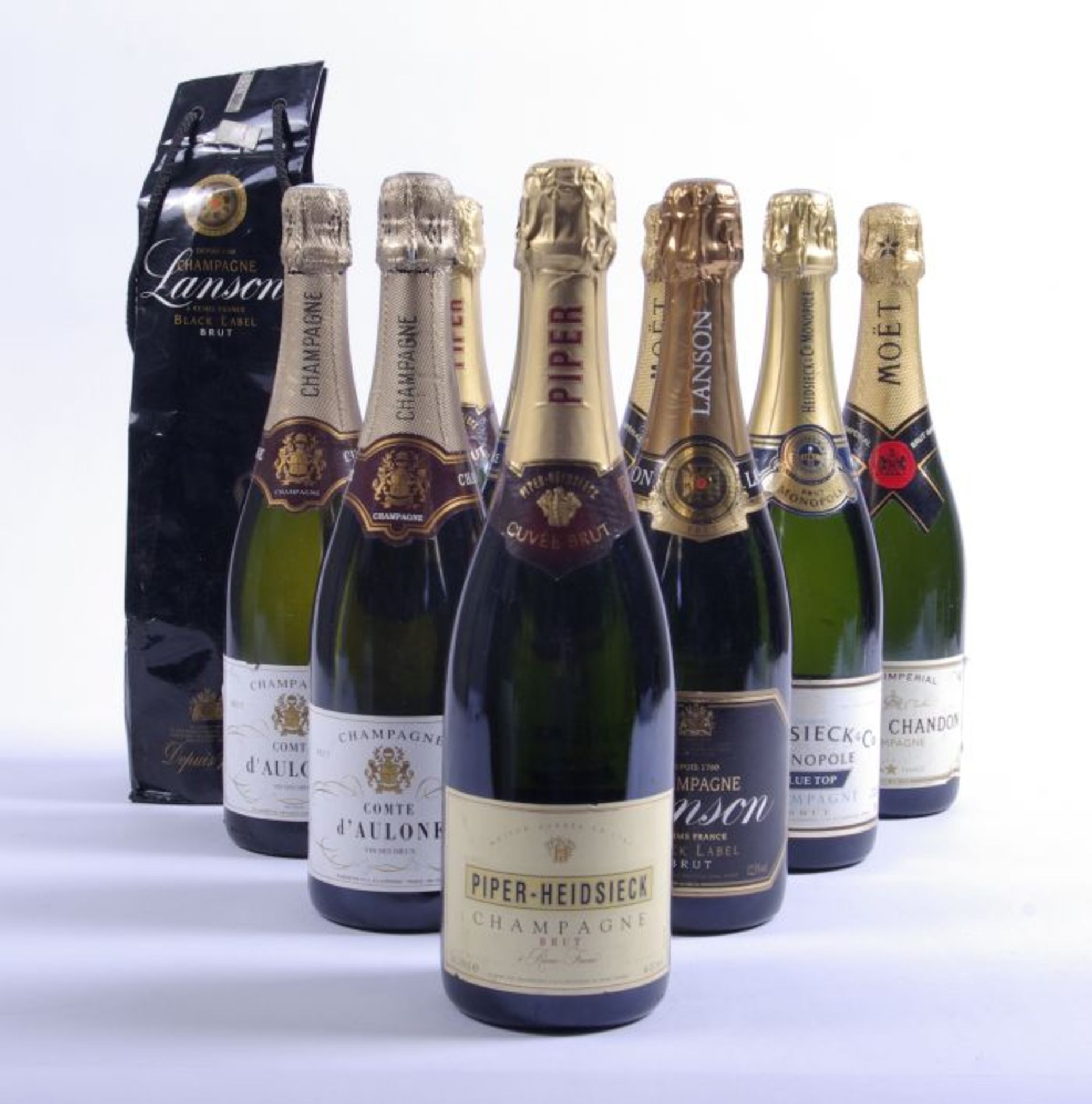 Konvolut Champagnerflaschen10 Stück, 2x Comte d´Aulone, Brut, 2x Piper-Heidsieck, Brut, 2x Lanson,