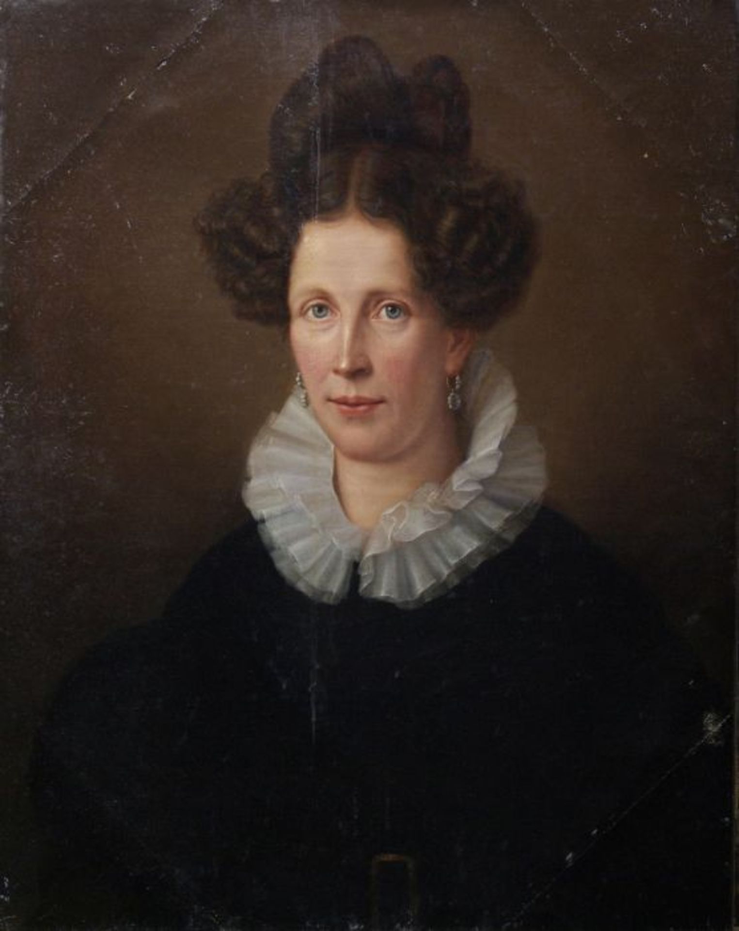 Biedermeier-Porträt einer Dame mit Hochsteckfrisur und Spitzenkragenanonym, Öl auf Leinwand, um