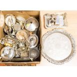 A collection of silver plated items to include teapot, trays,