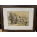 A 19th century English School, pencil sketch heightened with white chalk, rural scene with cottage,