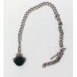 A silver watch Albert chain with bloodstone and Cornelian fob