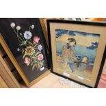 Japanese wood block print and framed needlework ?