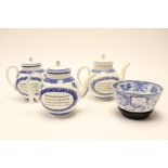 Three Wedgwood blue transfer creamware John Wesley Teapots,