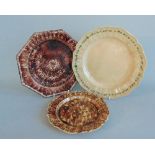 Two English Pottery Tortoise shell decorated plates and a Staffordshire Pottery Creamware William