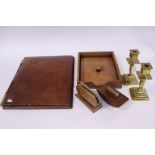 Leather desk set, blotter, tray etc,