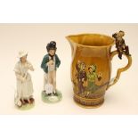 A Staffordshire twin sided figure 'Gin' and 'Water', and a Staffordshire woman (af),