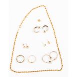 A collection of 9ct gold items including a chain, paste ear studs etc,