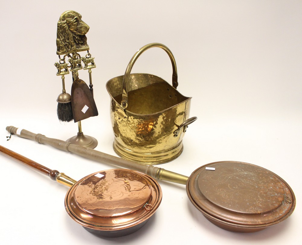 Copper warming pans (2) brass coal scuttle and fireside companion set