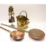 Copper warming pans (2) brass coal scuttle and fireside companion set