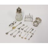 Silver salt and mustard spoons, napkin rings, child's spoon, toast rack, silver top sugar castor, 6.