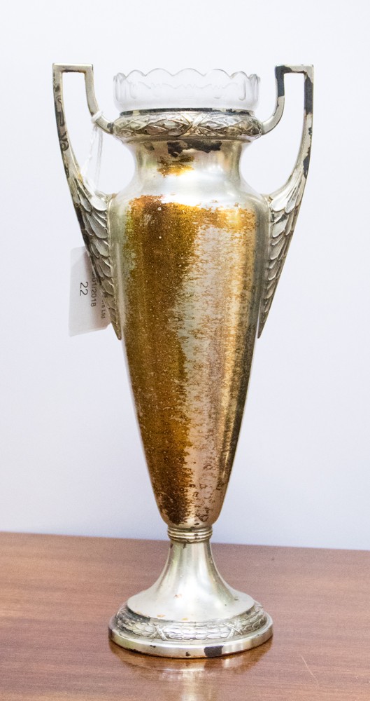 A German 20th Century silver plated tapering cylindrical vase with glass liner