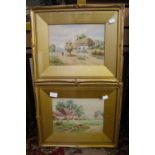 A pair of Edwardian watercolours signed Ed Lewis cottage and chickens;