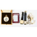 A 9ct gold pocket watch boxed, two gents gold plated Bulover watches, a Zippo lighter and watches,