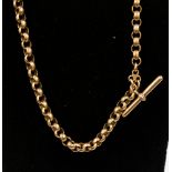 9ct gold Albert watch chain, with planished links, and T bar, toggle fasteners, approx length 16'',