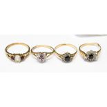 Four 9ct gold dress rings, set with various stones such as sapphire, amethyst and paste,