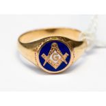 A 10ct Masonic ring, with blue enamel and rose gold detail, size S,