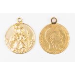 A gold 5 Francs coin, weight 1.5 grams approx and a 9ct gold St Christopher - weight approx 2.