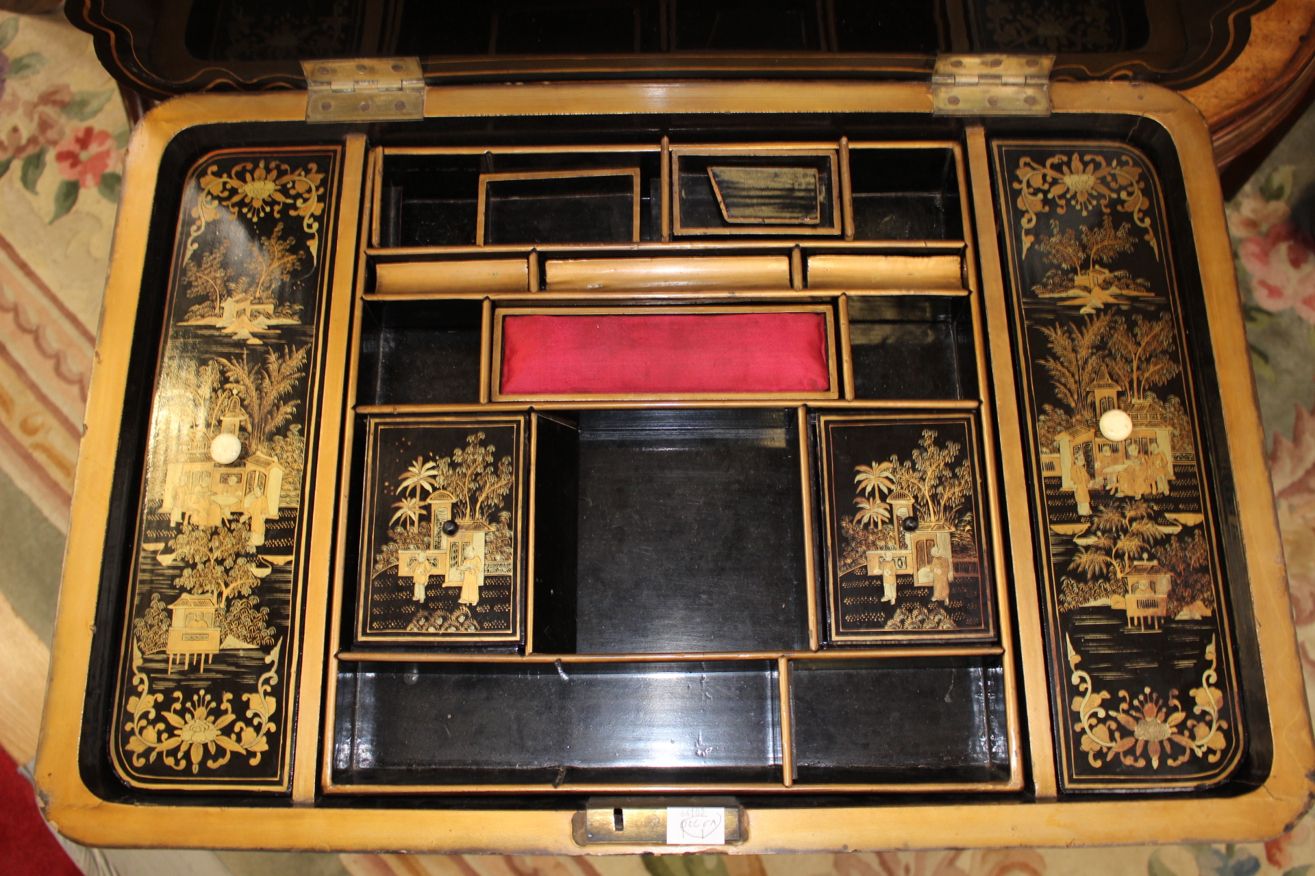A late 19th Century Chinese export lacquered work table, circa 1880, sarcophagus hinged top, - Image 3 of 3