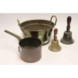 A brass jampan and a 19th century bell and another bell (4)