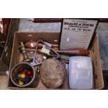 A parcel lot to include exercise clubs cigarette cards, pool balls and score board,