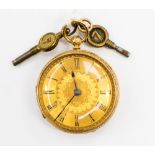 An 18ct gold cased pocket watch, together with two keys, gilt face with worn painted Roman numerals,