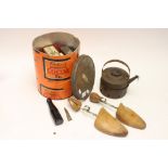 Tins, Oxo tins, all within Bourneville cocoa drum, together with camping kettle and stand,