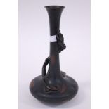 A Chinese bronze bottle vase with a dragon climbing the neck, seal impressed, mark to the base,