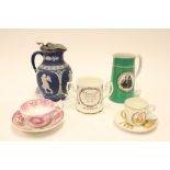 Staffordshire ware including Wesleyan commemorative cup and saucer, Prattware transfer printed jug,