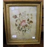 A Victorian silk embroided picture of floral bouquet with rose,