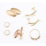 A collection of 9ct gold jewellery including gold and sapphire ring, earrings and cufflinks,