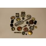 A parcel lot to include EPNS and alarm clocks, AA badges (2) folding knife, two powder compacts,
