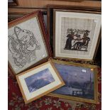Egyptian papyrus style paintings and four various prints and watercolours (6)