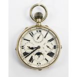 A late 19th or early 20th Century nickel cased calendar moonphase Goliath top wind pocket watch,