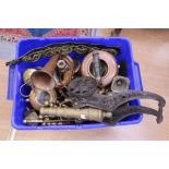 A large box of mixed brass and copper metalwares to include a reproduction miners lamp, bugle,