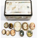 A mother of pearl cased box with a silver framed moss agate brooch,