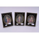 ****Ex Luddington Manor****Three ebonised wood framed miniature prints,