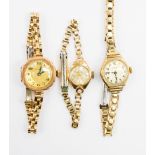 Three 9ct gold ladies wristwatches on metal straps, Climax,