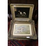 Hunting interest, framed oil on board, pair of pointers and a hound with pups,