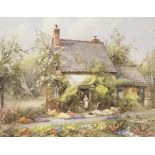 Harold Gresley (British, 1892-1967), a cottage with a figure in the doorway, signed l.l.