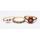 Three 9ct gold rings, comprising one diamond and ruby half eternity ring, size O1/2,