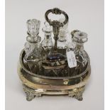 A seven piece cruet set in silver caddy, London hallmark 1842 on the stand,