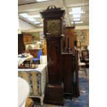 A George III oak longcase clock, broken pediment, columns to hood,