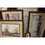 Five various landscapes with trees signed John Stram including a small oval painting,