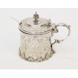 A Victorian silver drum mustard pot with liner, London 1854,