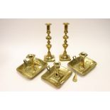 Three early 19th Century brass candlesticks and a pair of brass candlesticks (5)